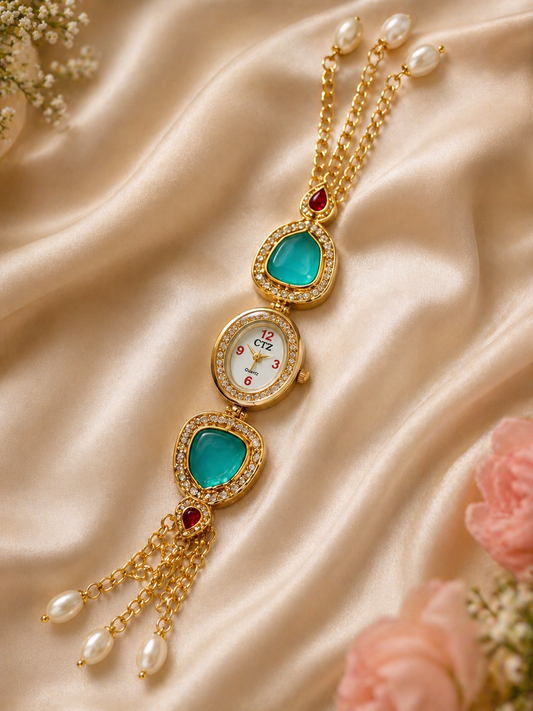 Premium Turquoise Kundan Ethnic Bracelet Watch with Pearl Chain Detailing - The Chikan Store