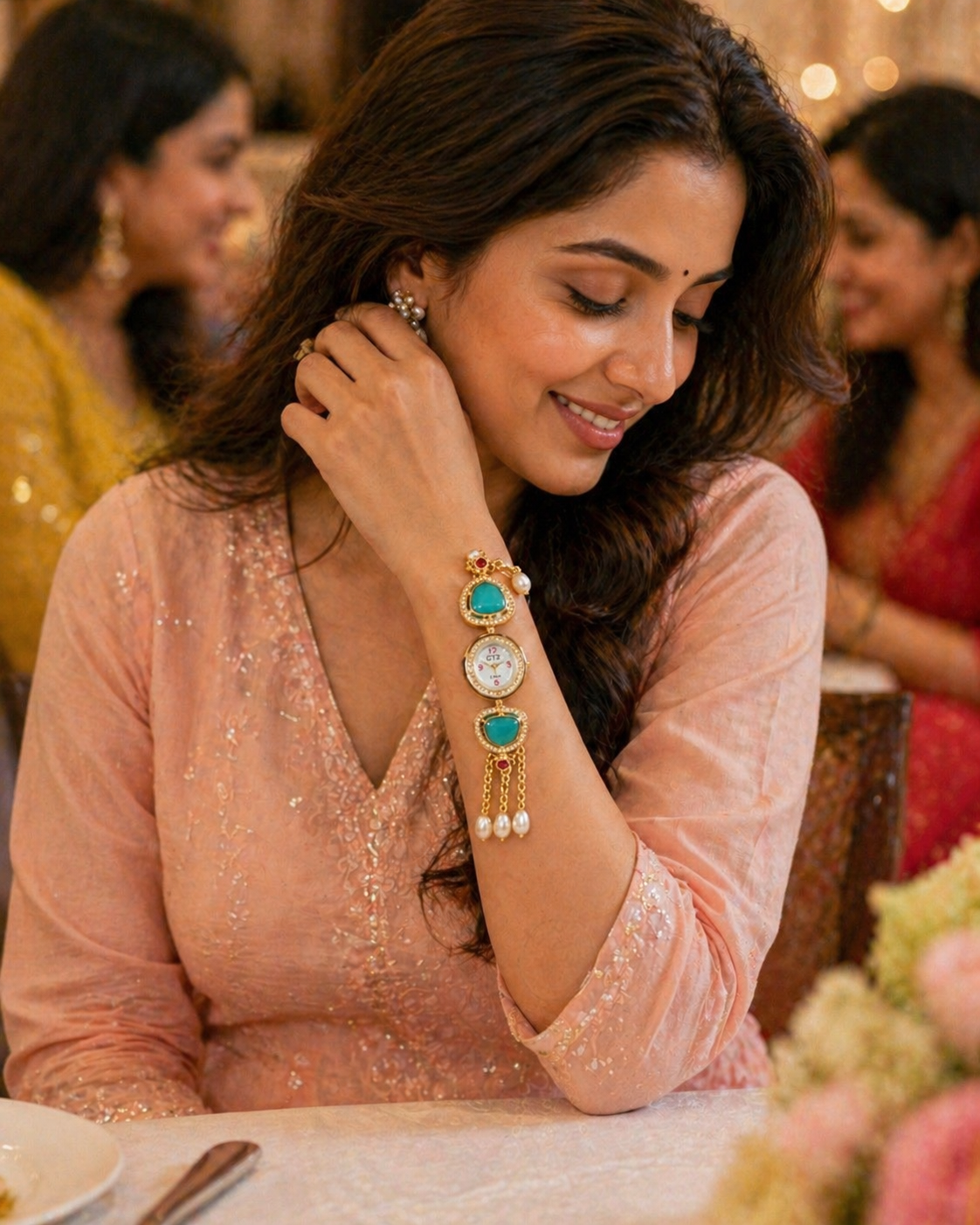 Premium Turquoise Kundan Ethnic Bracelet Watch with Pearl Chain Detailing - The Chikan Store