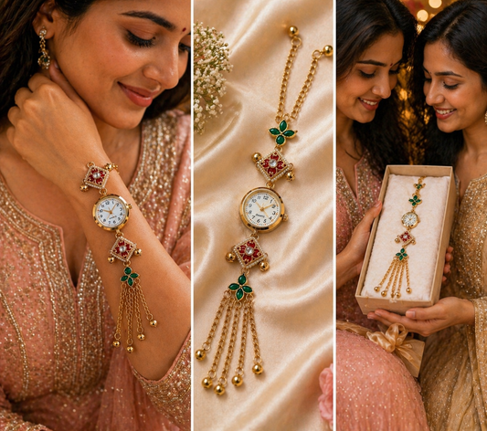 Premium Red & Green Kundan Ethnic Bracelet Watch with Four-Chain Detailing - The Chikan Store