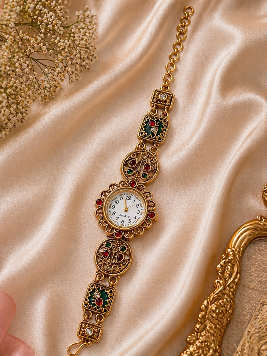 Premium Red & Green Kundan Ethnic Bracelet Watch with Four-Chain Detailing - The Chikan Store