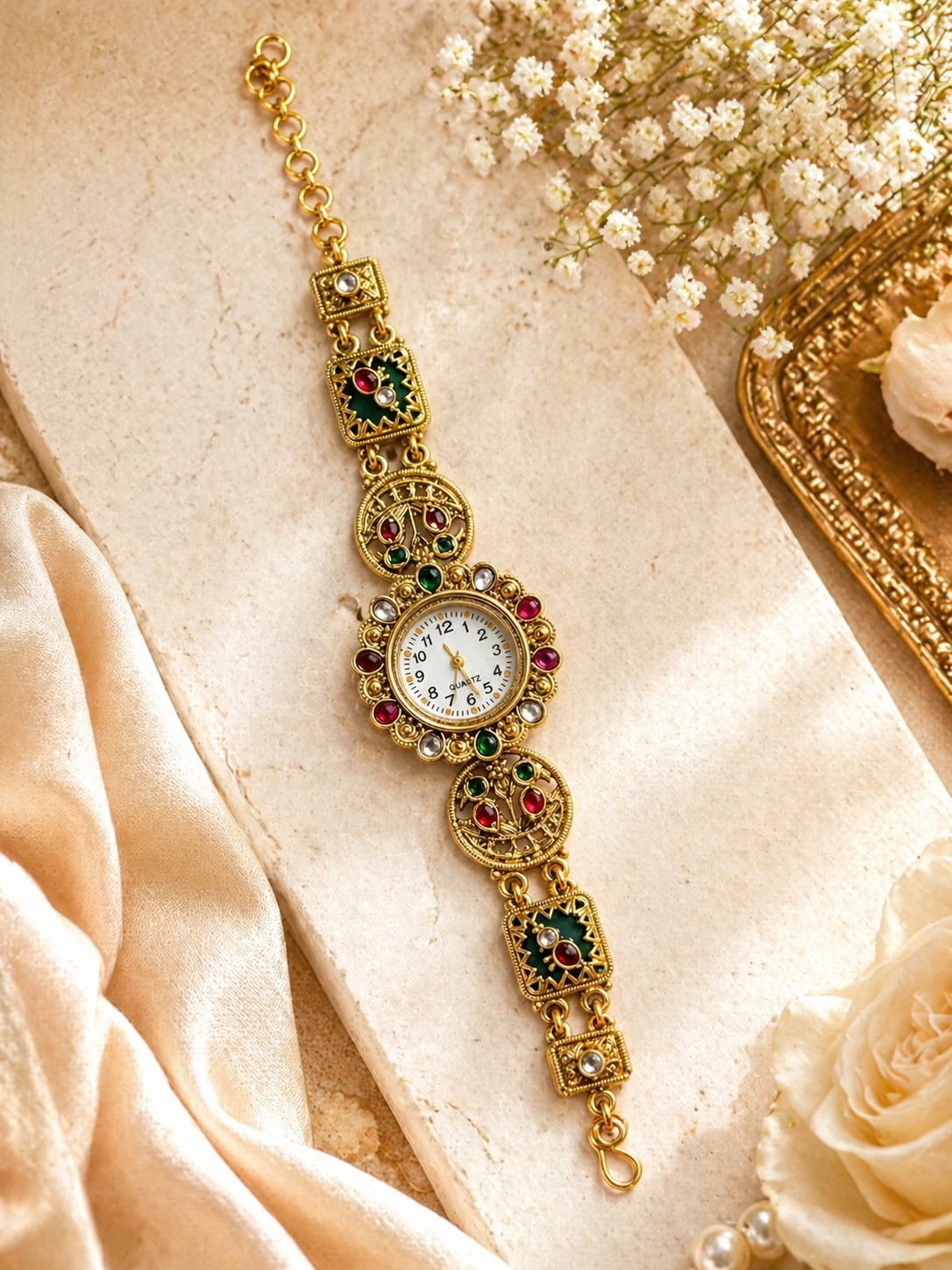 Premium Antique Kundan Bracelet Watch with Red & Green Stone Work - The Chikan Store