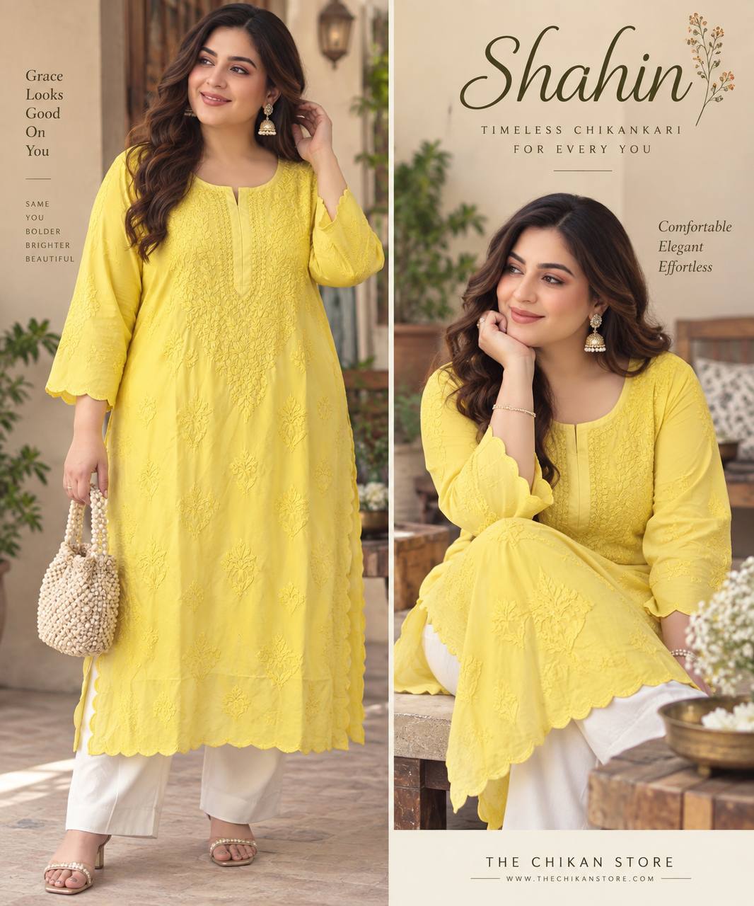 Collage of the yellow Shahin Chikankari kurta shown standing and seated with white pants.