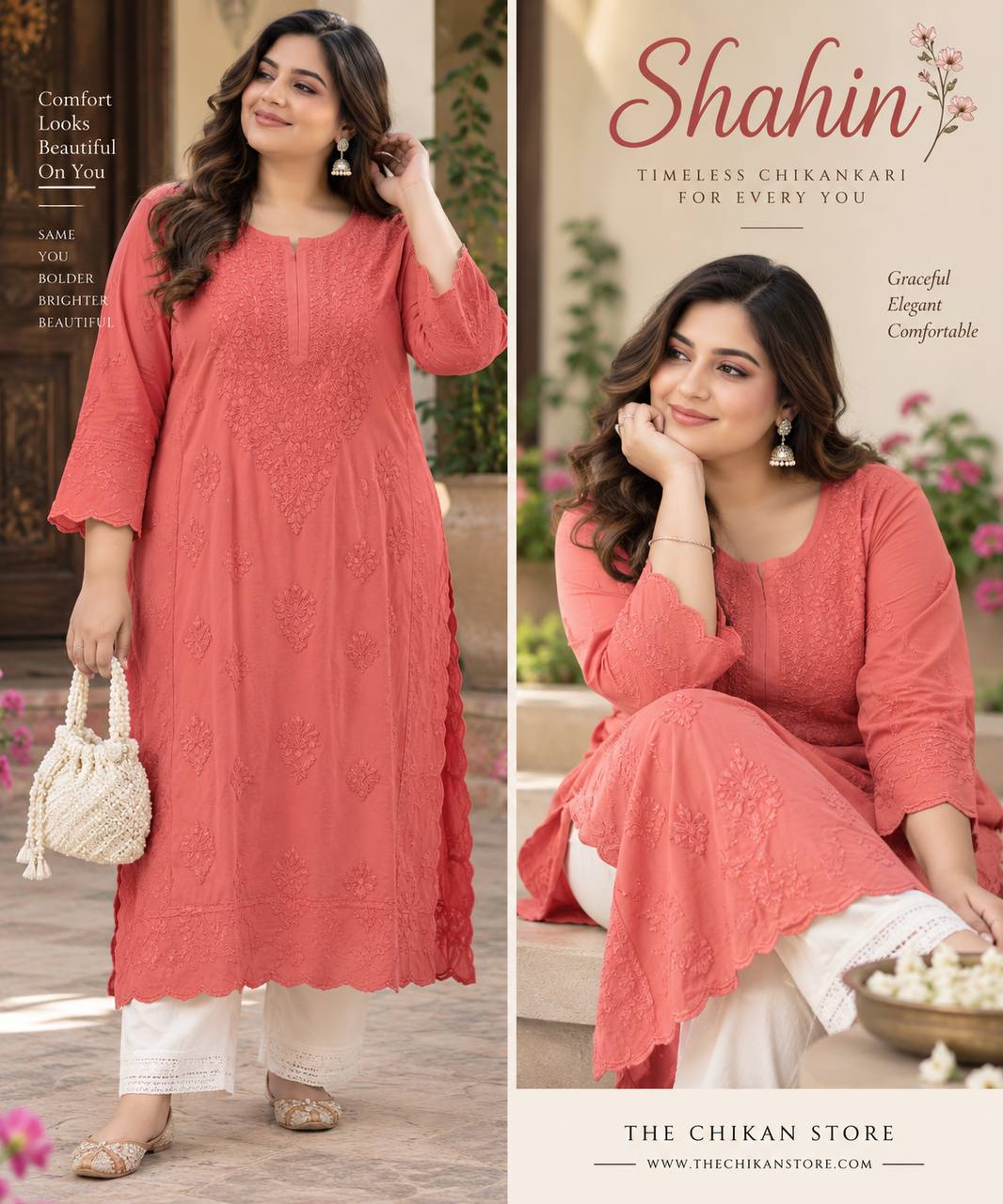 Collage of the coral Shahin Chikankari kurta shown standing and seated with white pants.