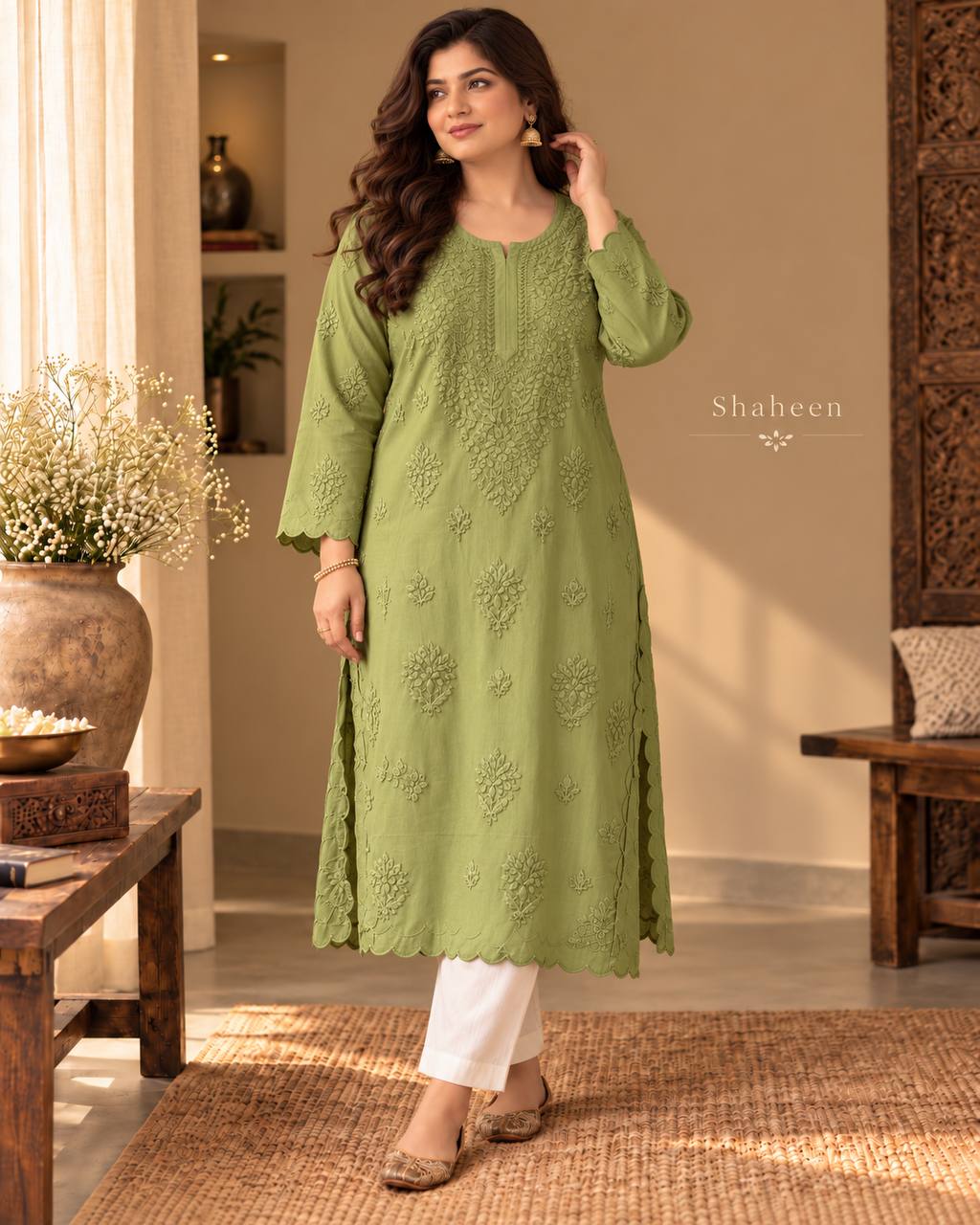 Model wearing the olive green Shahin Chikankari kurta with scalloped cutwork, standing in a studio.