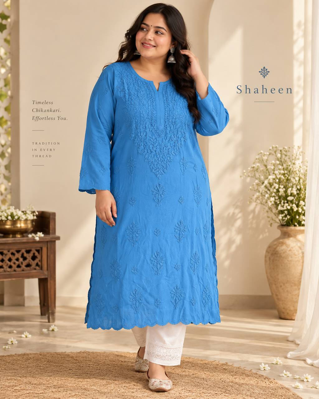 Model wearing the blue Shahin Chikankari kurta with tonal embroidery and scalloped hem, standing in a studio.