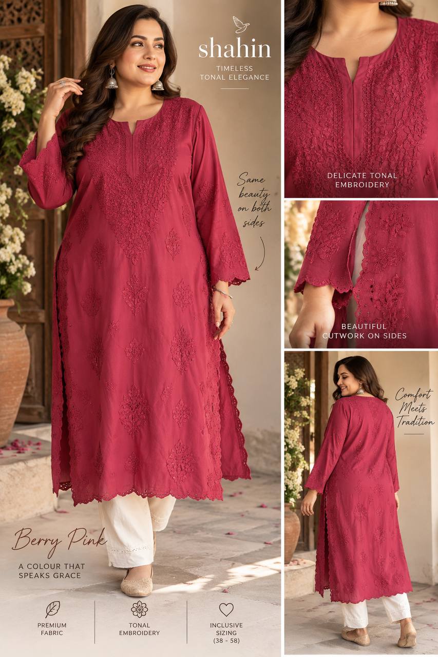Berry pink Shahin Chikankari kurta collage showing front, back and close-ups of the tonal embroidery and side cutwork.
