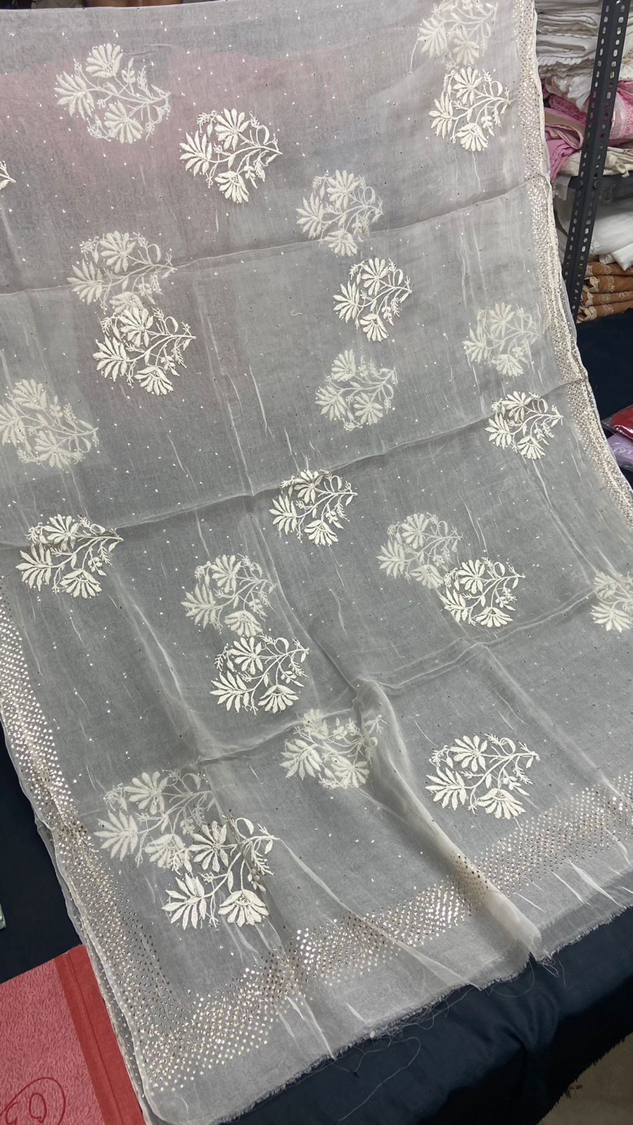 Soft Pure Organza Chikan Dupatta with Mukaish - The Chikan Store