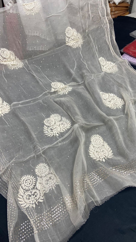 Soft Pure Organza Chikan Dupatta with Mukaish - The Chikan Store