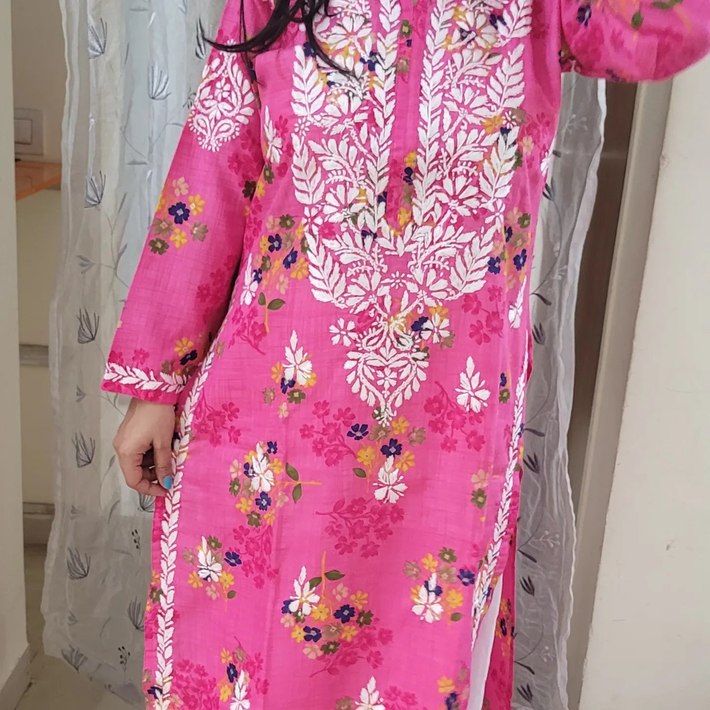 Chikankari cotton ryon printed floral kurtis with beautiful hand work. - The Chikan Store