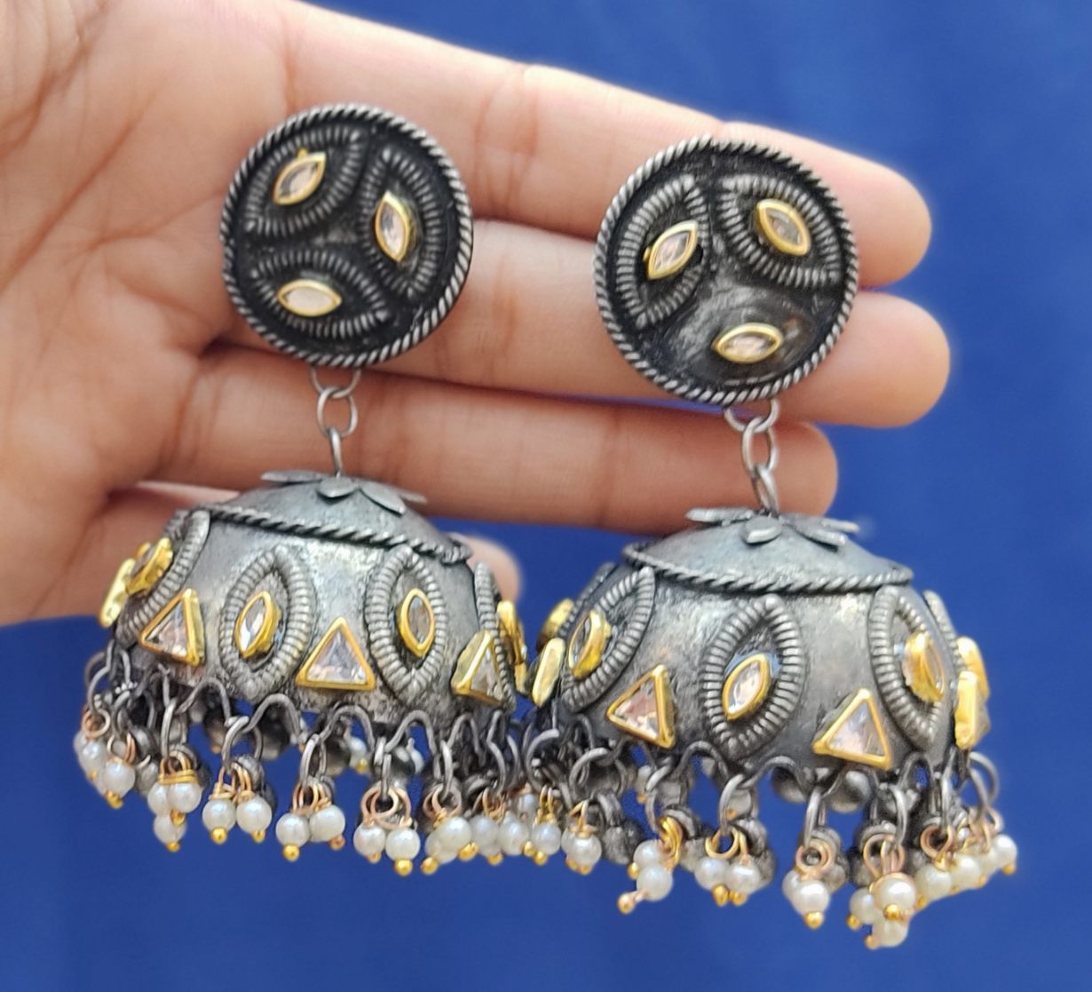 92.5 Sterling Silver Antique Oxidized Fancy Jhumki Earrings For Women And  Girls - Silver Palace
