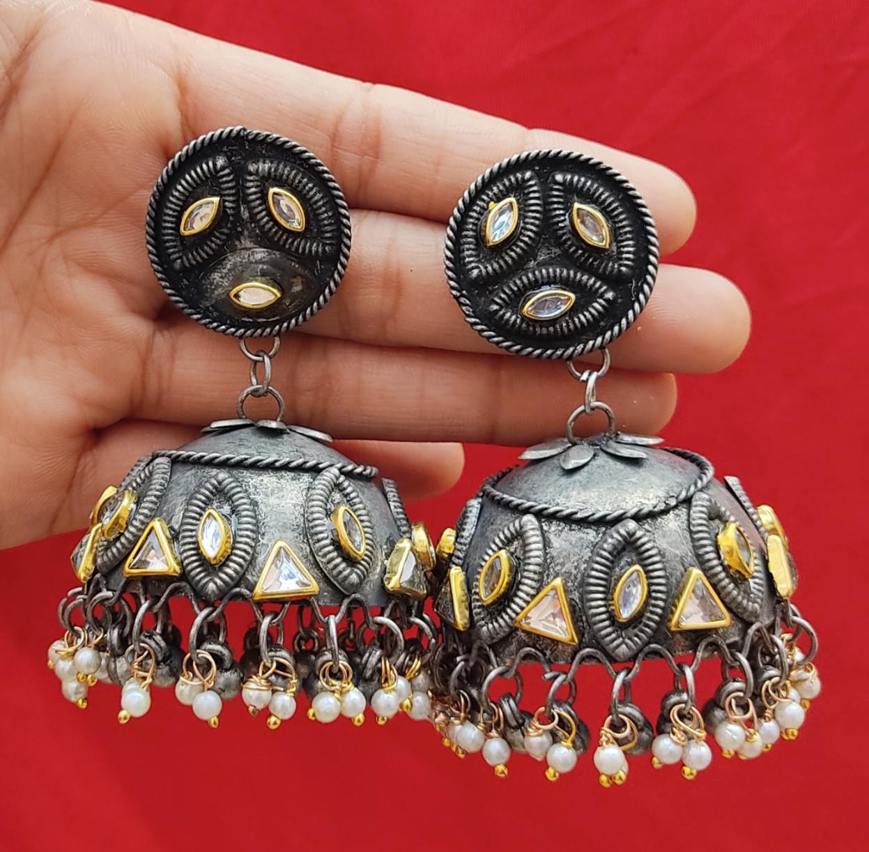 Black Polish Jhumka with Round Stud With Fancy stone Earrings for Wome   The Chikan Store