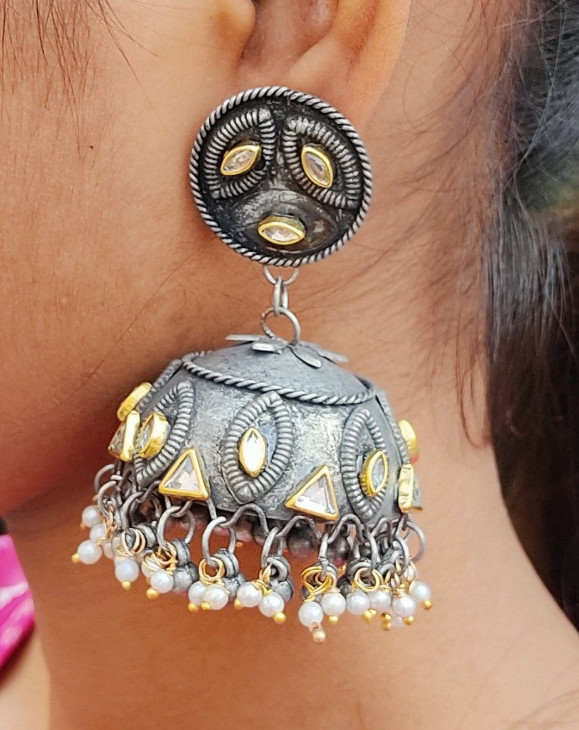 Black Polish Jhumka with Round Stud With Fancy stone Earrings for Women and Girls. - The Chikan Store